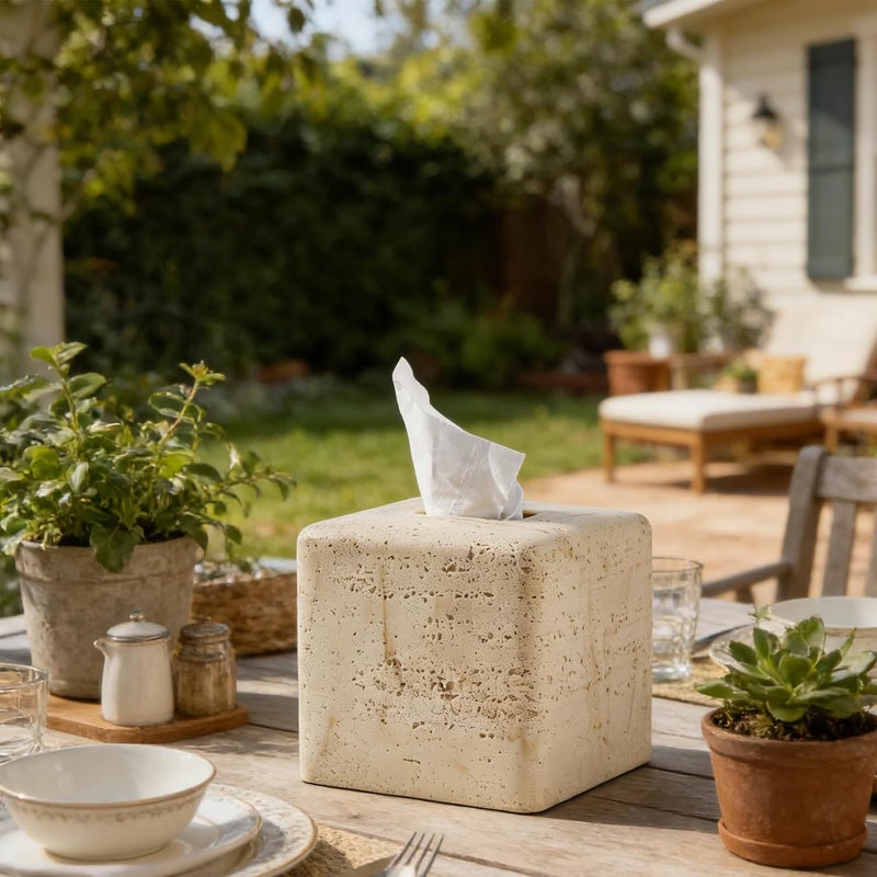 Polytree Natural Travertine Textures Tissue Box Cover Square for Home Decor,Resin Heavy Tissue Box Holder for Bathroom Countertop,Tabletop,Bedside Table,Office (Handmade of Resin) - Image 4